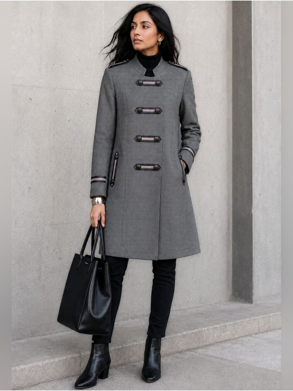 SELAM TURKEY MILITARY STYLE COAT FULLY LINED FAUX LEATHER TRIP SIZE LARGE